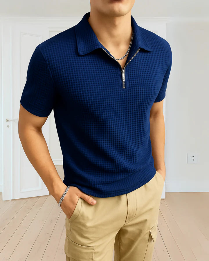 Waffle Knitted Zipper Polo – NAVY BLUE