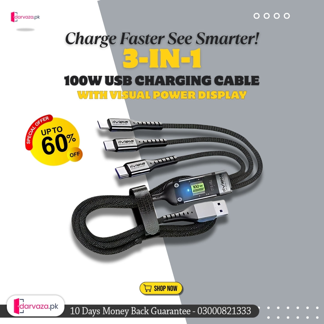 3 in 1 Multiple Interfaces 100W USB Charging Cable with Intelligent Support and Visual Power For Home and Outdoor Use