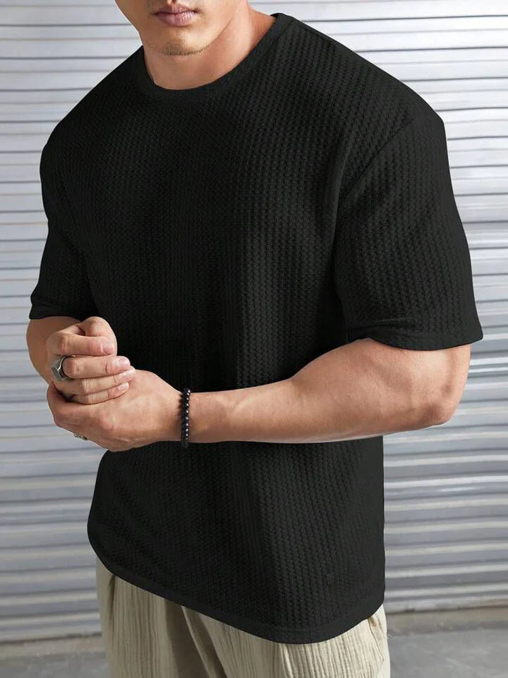 Oversized Waffle Knit Tee for Men – BLACK