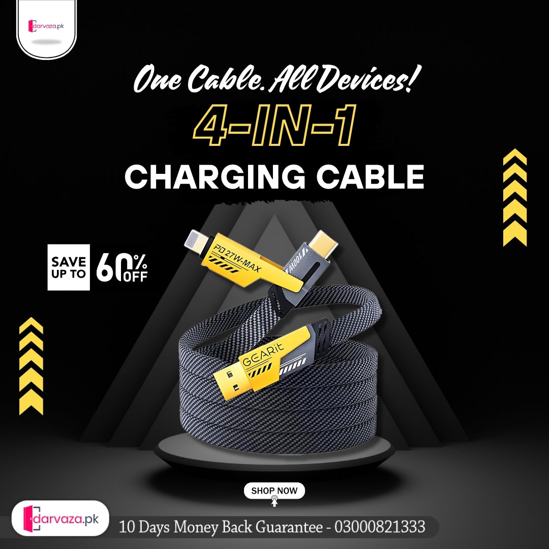 4-in-1 Multi USB Charging Cable – USB-C to USB-C, USB-C to Lightning, USB-A to USB-C, USB-A to Lightning | Fast PD Charger Cord for iPhone, iPad, Samsung, MacBook, Android Devices