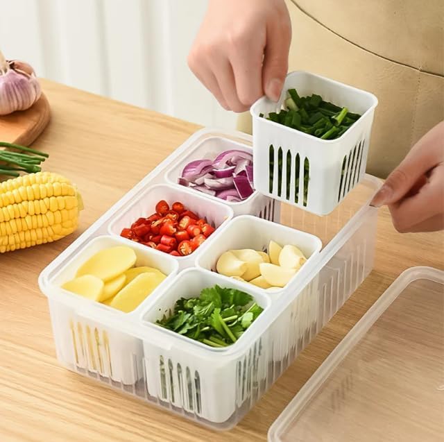 6-In-1 Kitchen Storage Box with Drain Basket โ Refrigerator Fresh Keeping Food Container