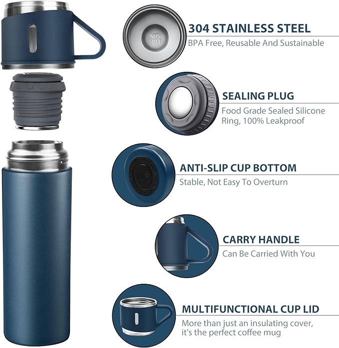 4in1 Stainless Steel Water Bottle 500ml Double Walled Vacuum with 3 Pcs Leak-proof Cups for Gym Home Office and Outdoor Use