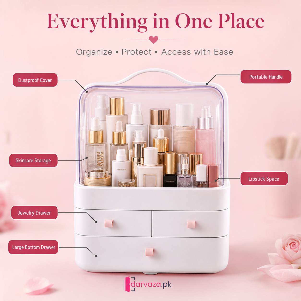 Portable Cosmetic Organizer with Dustproof Cover & 3 Drawers | Large-Capacity Makeup & Skincare Storage Box