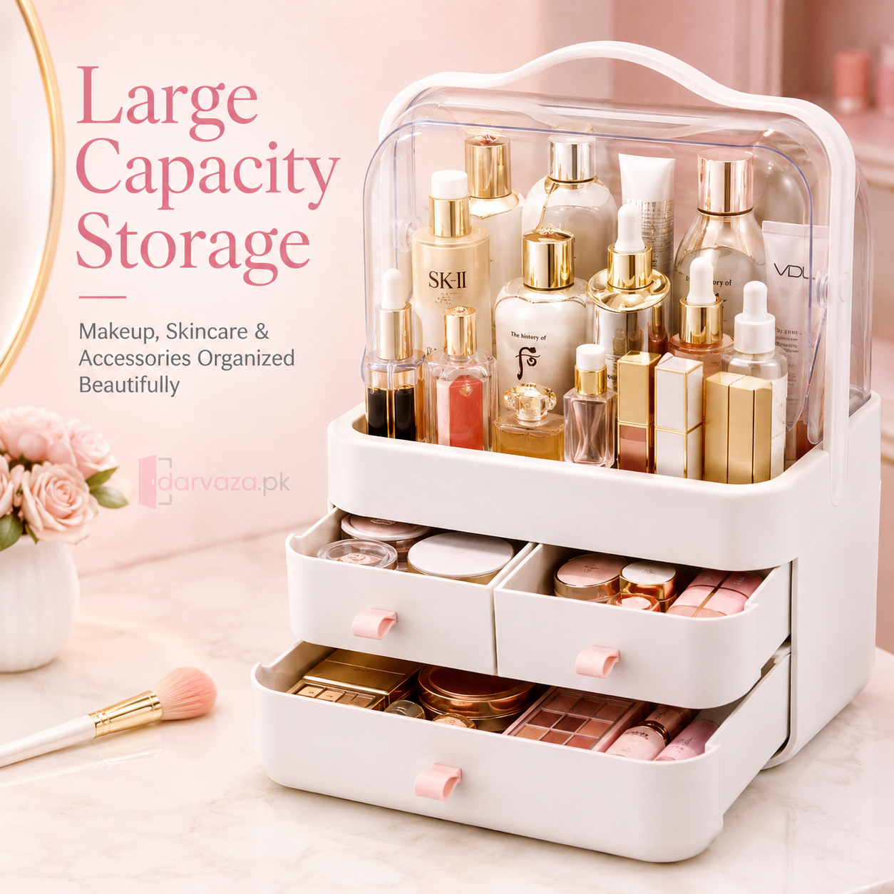 Portable Cosmetic Organizer with Dustproof Cover & 3 Drawers | Large-Capacity Makeup & Skincare Storage Box