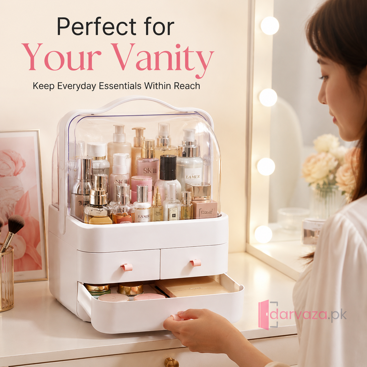 Portable Cosmetic Organizer with Dustproof Cover & 3 Drawers | Large-Capacity Makeup & Skincare Storage Box