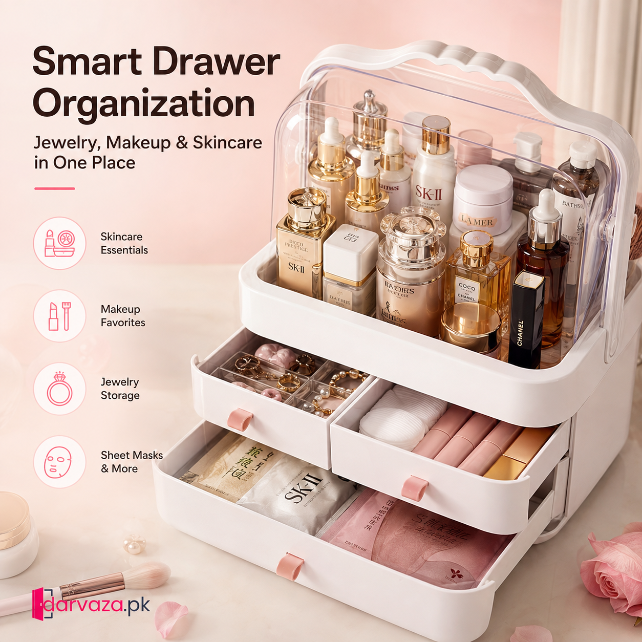 Portable Cosmetic Organizer with Dustproof Cover & 3 Drawers | Large-Capacity Makeup & Skincare Storage Box