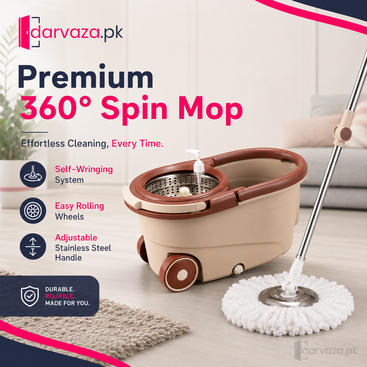 Premium 360° Spin Mop with Wheels & Self-Wringing Bucket Set