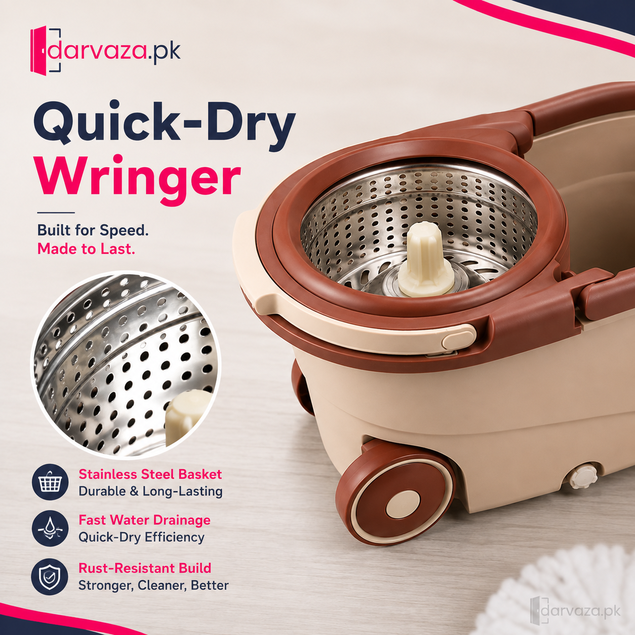 Premium 360° Spin Mop with Wheels & Self-Wringing Bucket Set