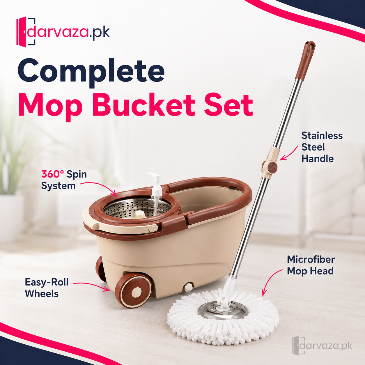 Premium 360° Spin Mop with Wheels & Self-Wringing Bucket Set