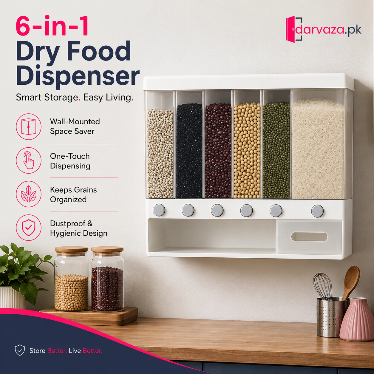 6-in-1 Wall-Mounted Dry Food Dispenser with Collection Drawer