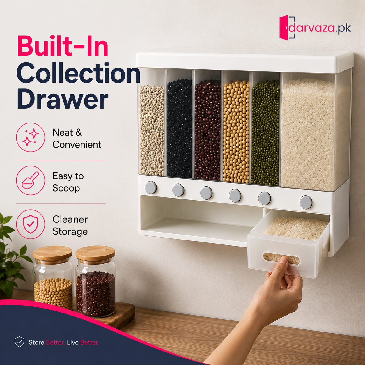 6-in-1 Wall-Mounted Dry Food Dispenser with Collection Drawer