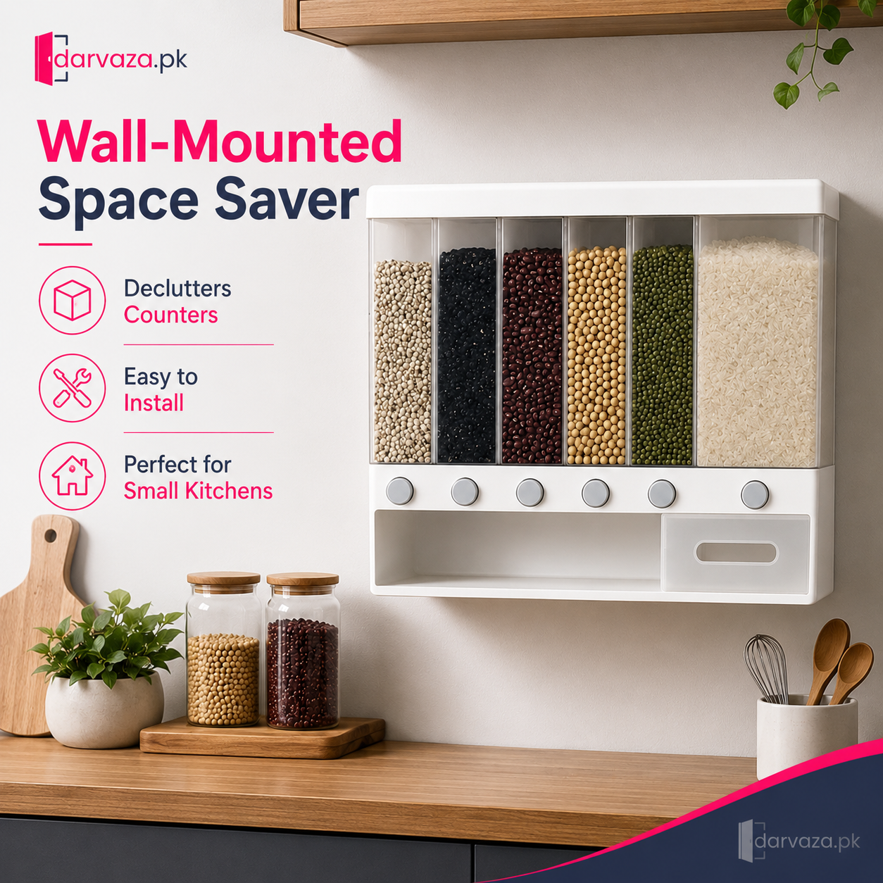 6-in-1 Wall-Mounted Dry Food Dispenser with Collection Drawer