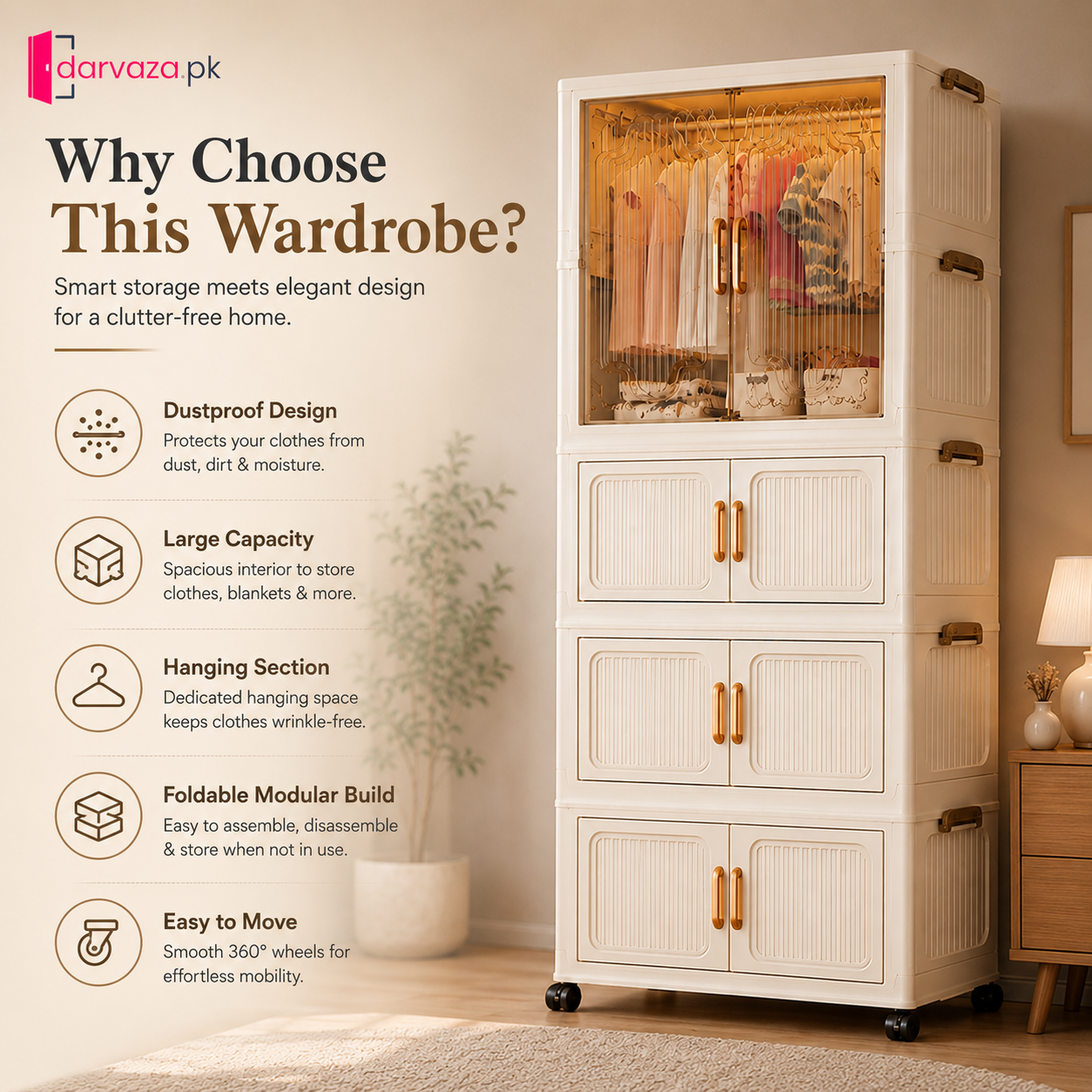 Premium Modular Plastic Wardrobe with Hanging Section β Foldable Dustproof Clothes Storage Cabinet