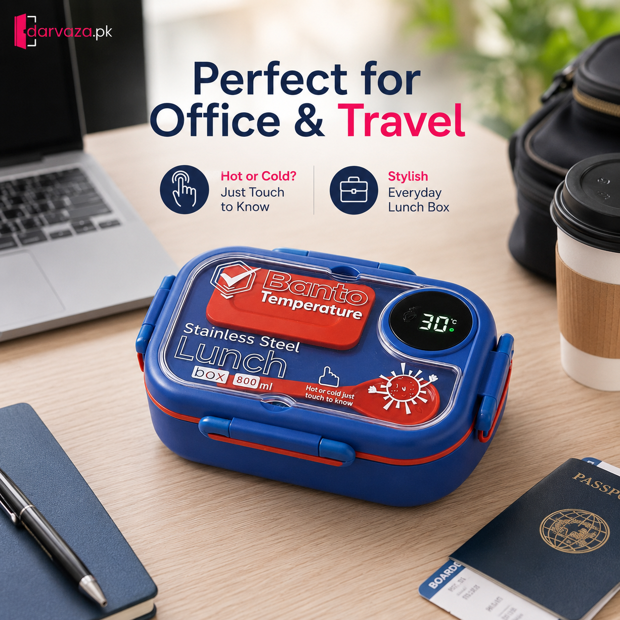 Banto Smart Temperature Stainless Steel Lunch Box β 800ml Leak-Proof Bento Box with Digital Display & Built-In Spoon