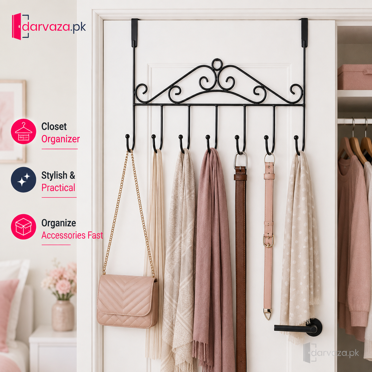 Pack of 2 Premium 7-Hook Over-the-Door Organizer | No-Drill Metal Towel, Bag & Accessory Hanger
