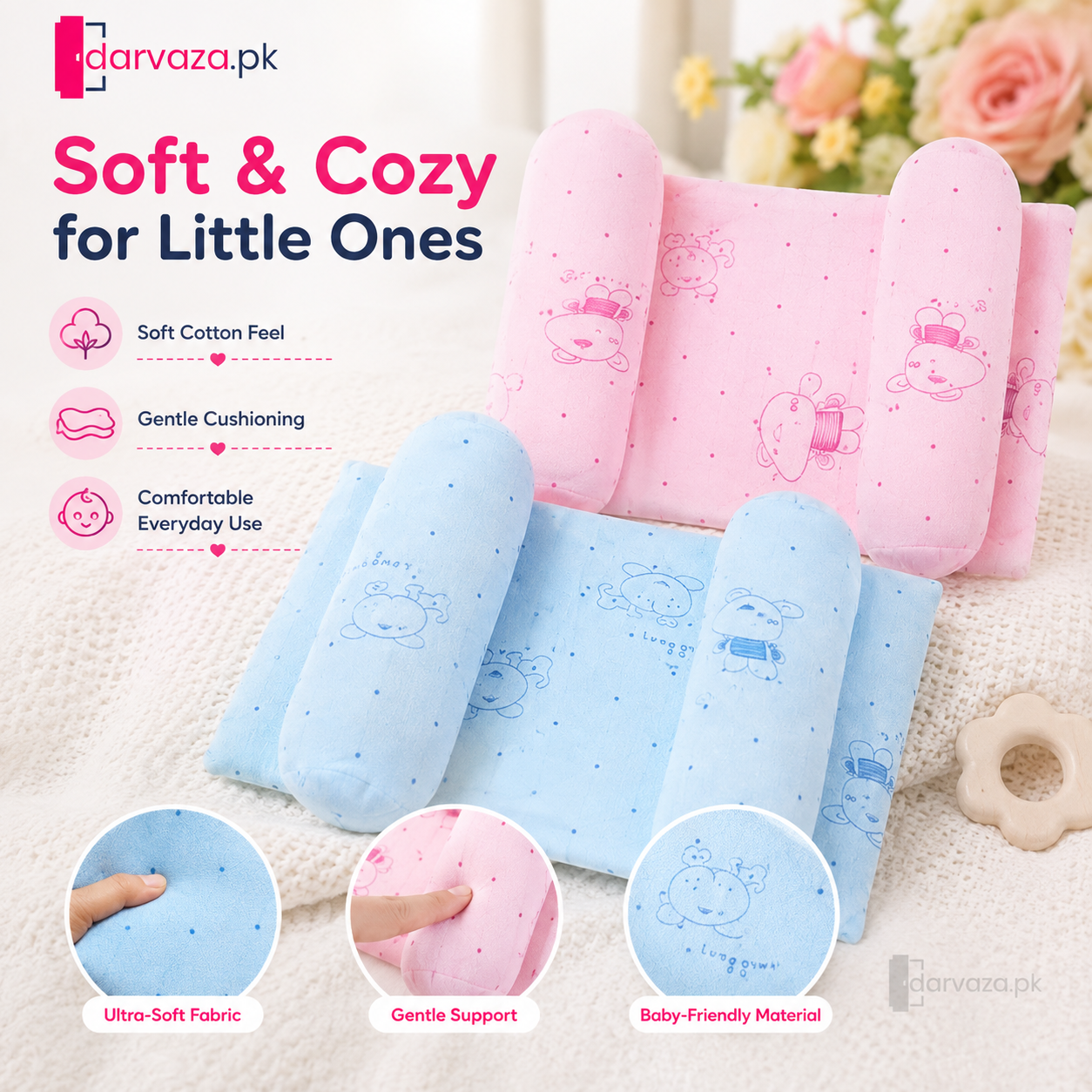 Pack of 2 Baby Head Support Pillow with Side Bolsters β Soft & Comfortable