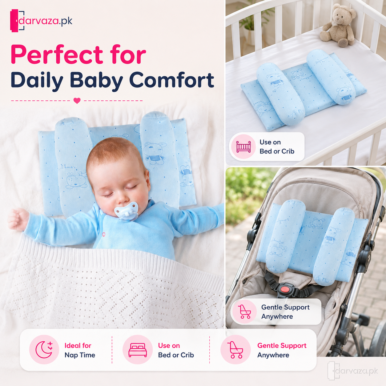 Pack of 2 Baby Head Support Pillow with Side Bolsters β Soft & Comfortable