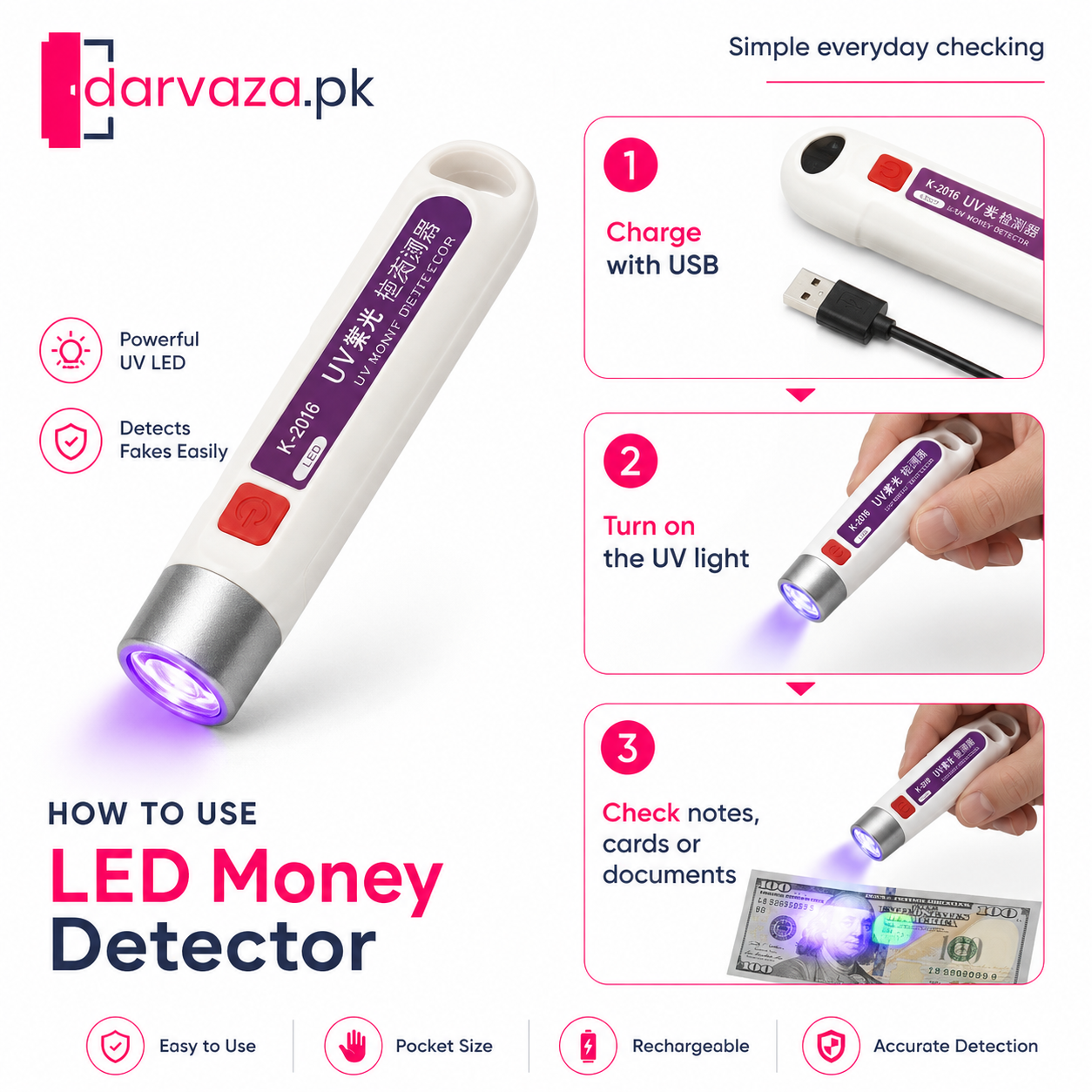 Rechargeable UV Money Detector Light β Fake Note Checker