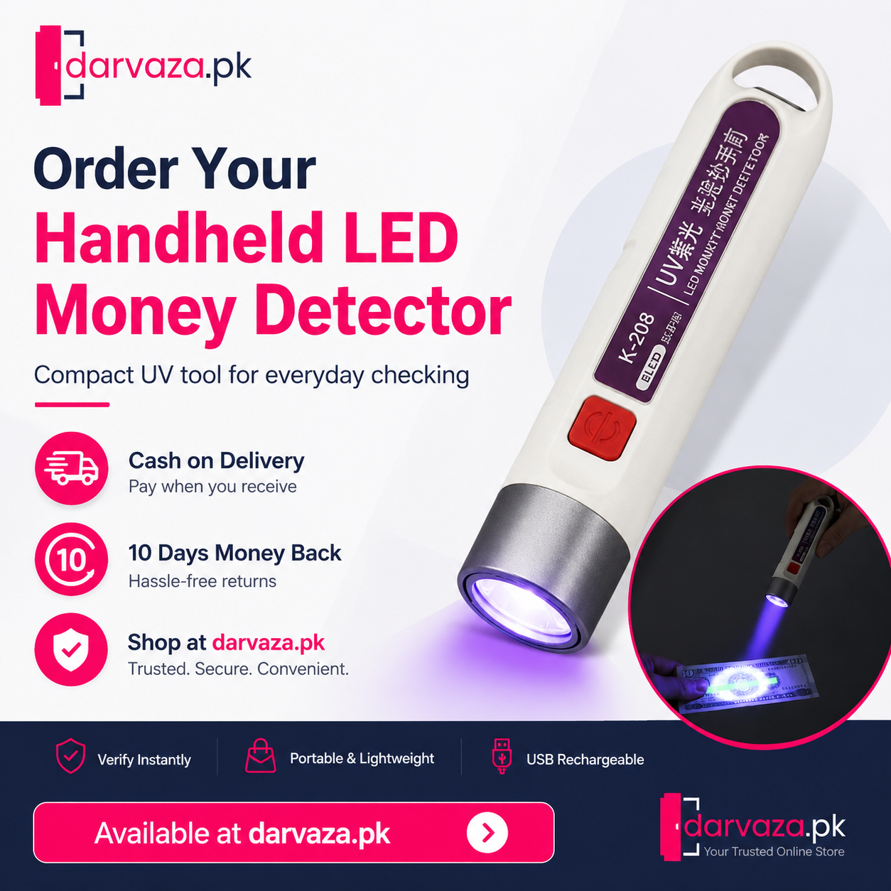 Rechargeable UV Money Detector Light β Fake Note Checker