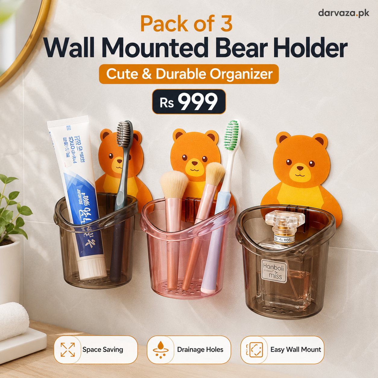 Pack of 3 Wall Mounted Bear Holder β Cute & Durable Organizer