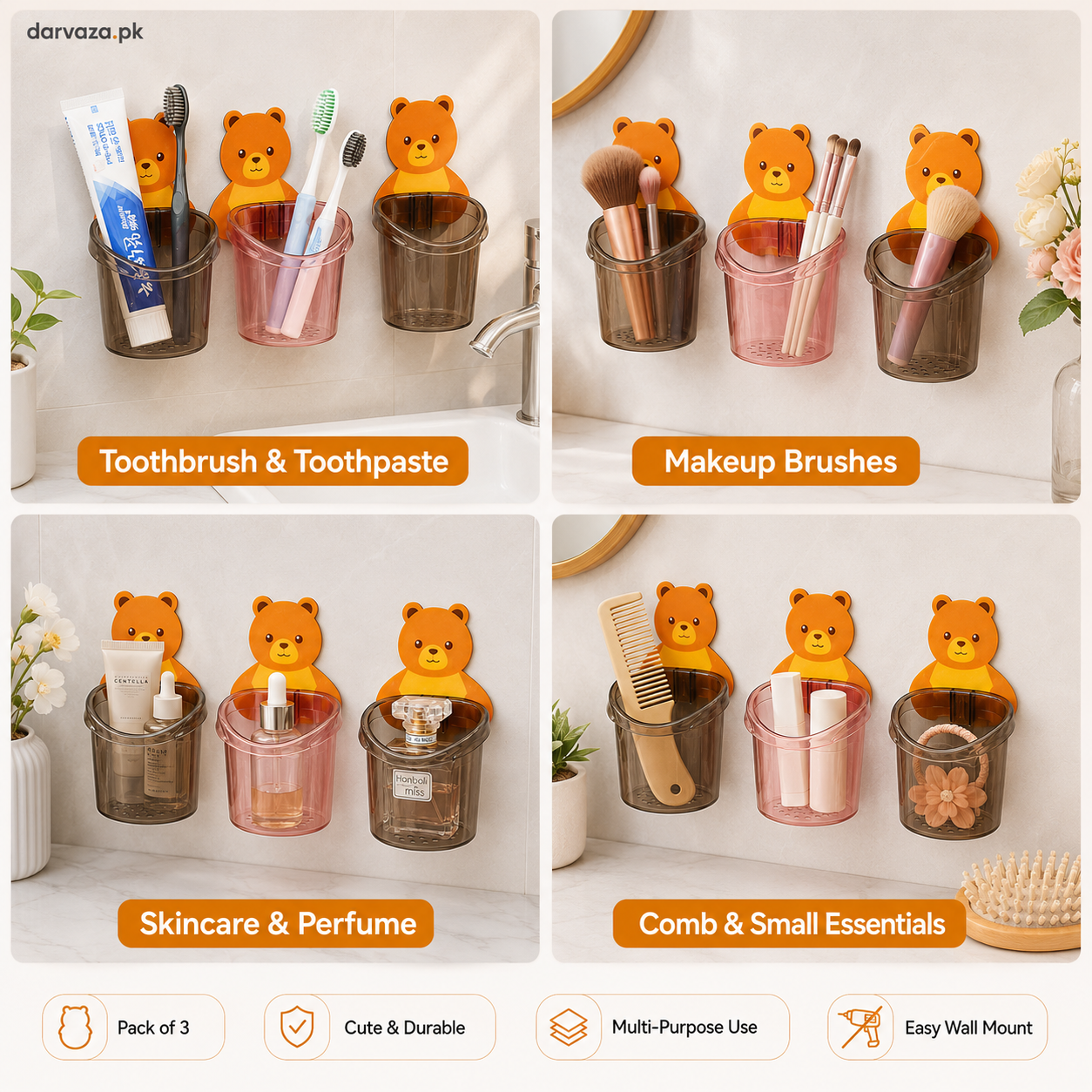 Pack of 3 Wall Mounted Bear Holder β Cute & Durable Organizer