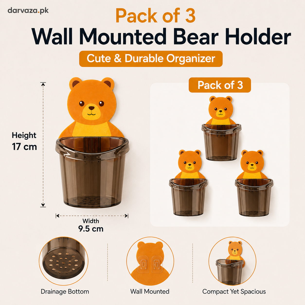 Pack of 3 Wall Mounted Bear Holder β Cute & Durable Organizer