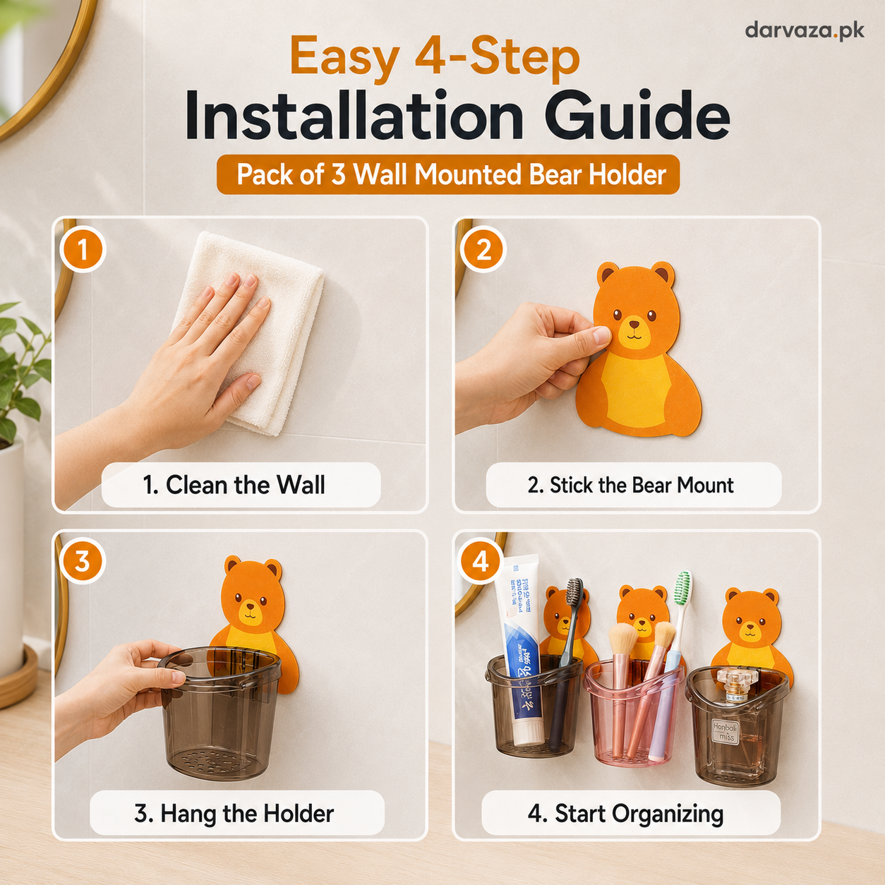 Pack of 3 Wall Mounted Bear Holder β Cute & Durable Organizer