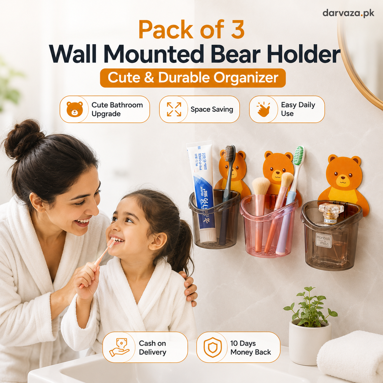 Pack of 3 Wall Mounted Bear Holder β Cute & Durable Organizer