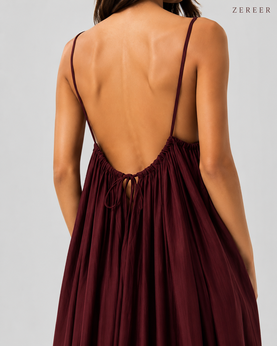 Maroon Backless Cami Gathered Maxi Dress with Back Flow