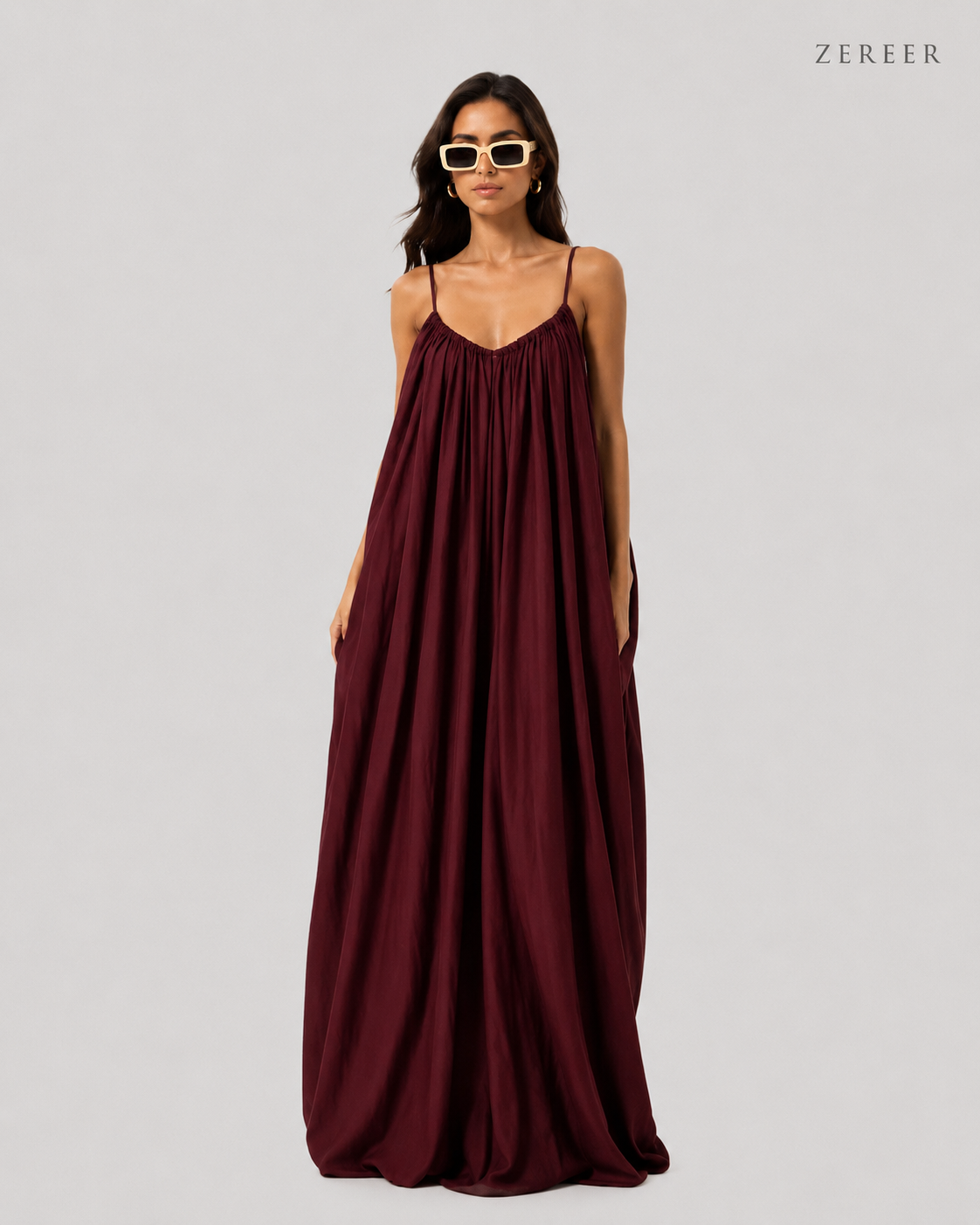 Maroon Backless Cami Gathered Maxi Dress with Back Flow