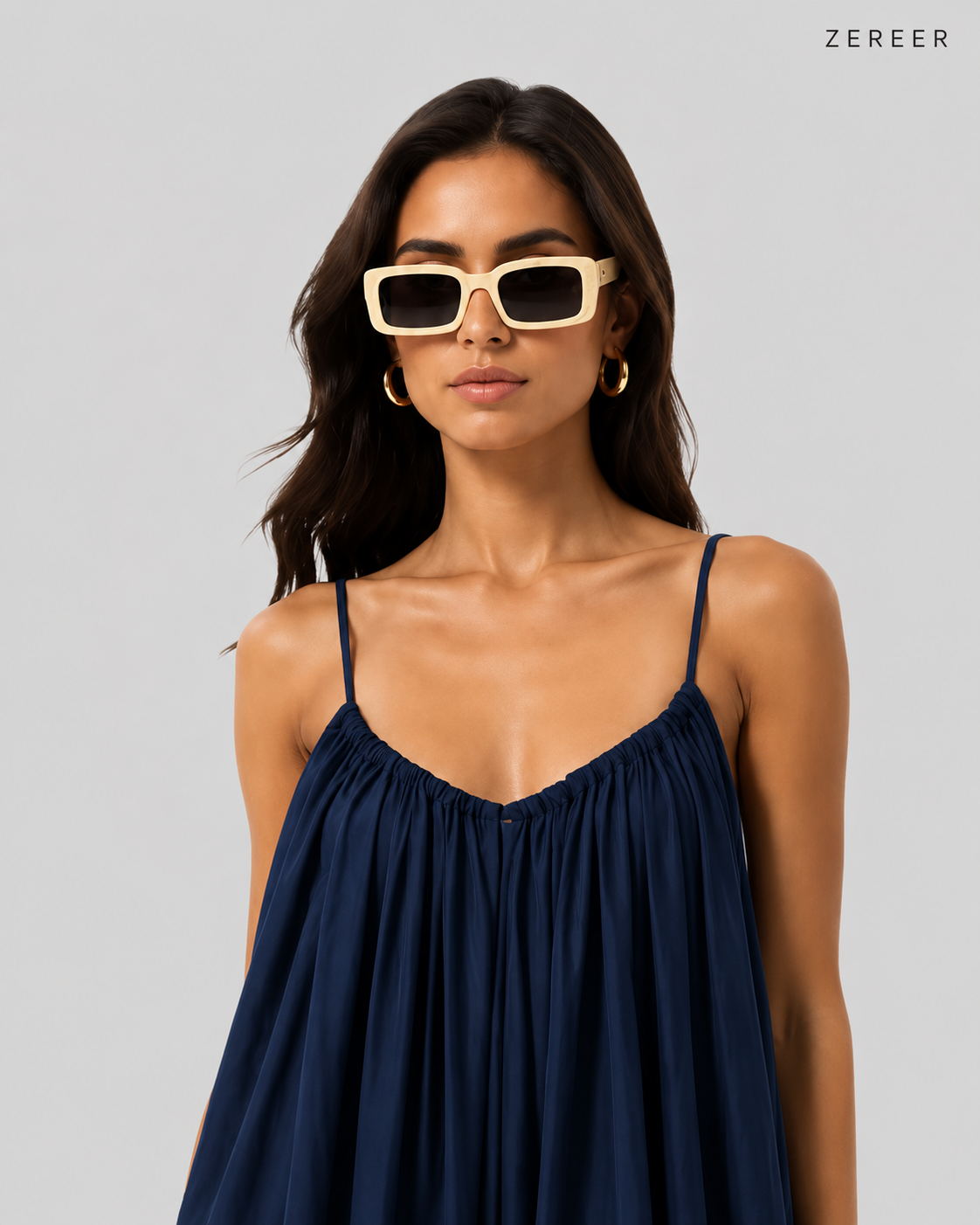 Navy Blue Backless Cami Gathered Maxi Dress with Back Flow