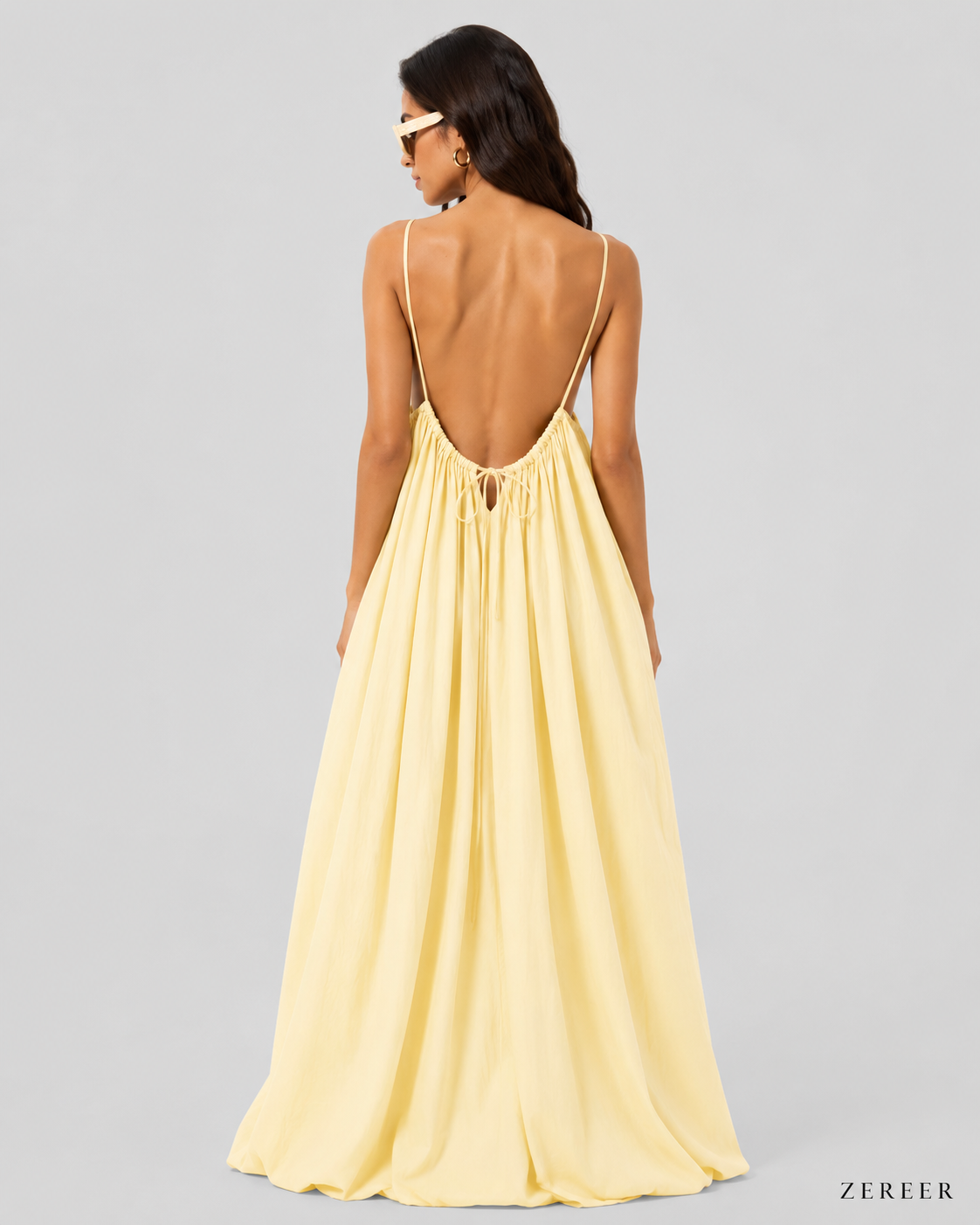 Yellow Backless Cami Gathered Maxi Dress with Back Flow