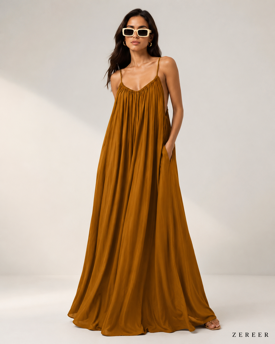 Mustard Backless Cami Gathered Maxi Dress with Back Flow