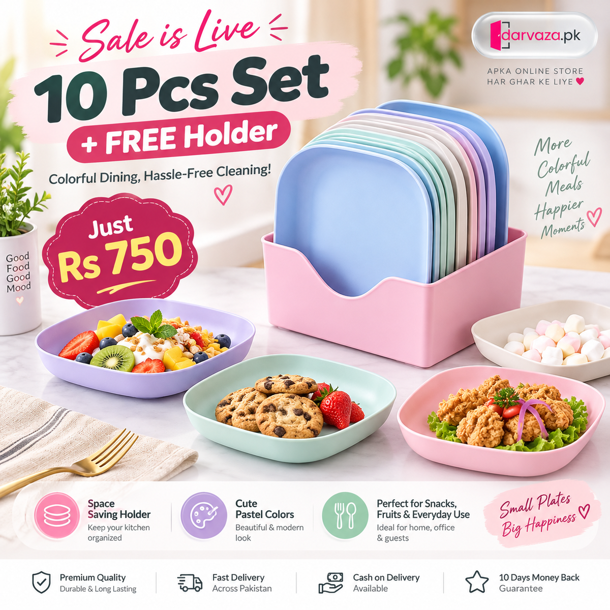 10pcs Plastic Reusable Food Plates Set with Free Stand Ideal for Snacks and Breakfast