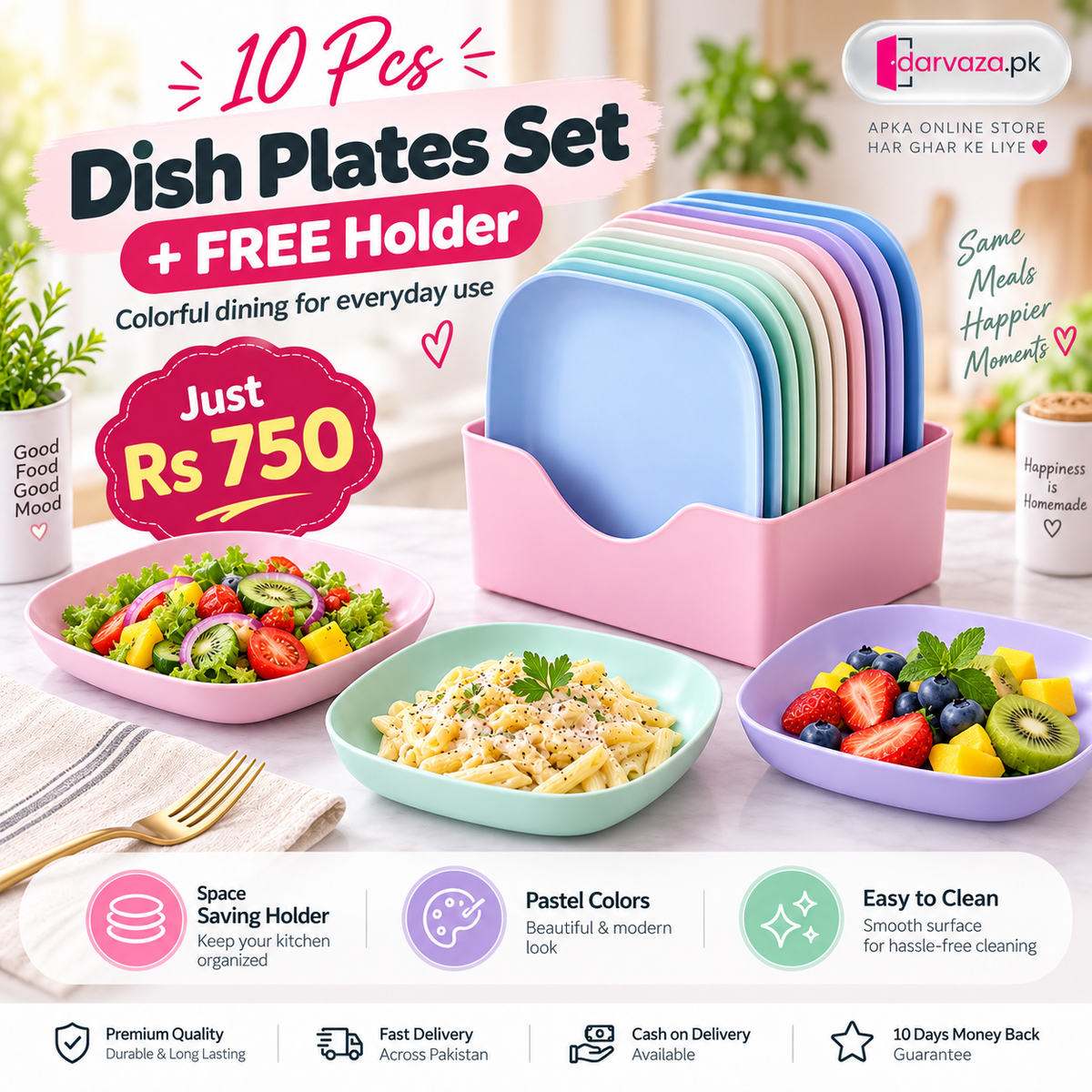 10pcs Plastic Reusable Food Plates Set with Free Stand Ideal for Snacks and Breakfast