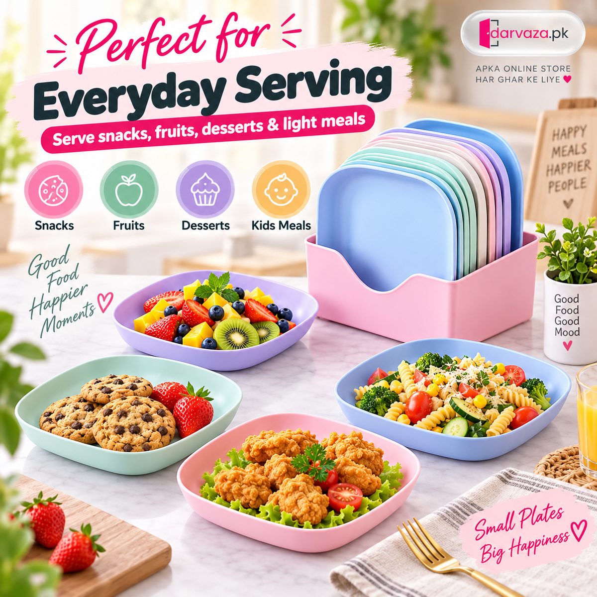 10pcs Plastic Reusable Food Plates Set with Free Stand Ideal for Snacks and Breakfast