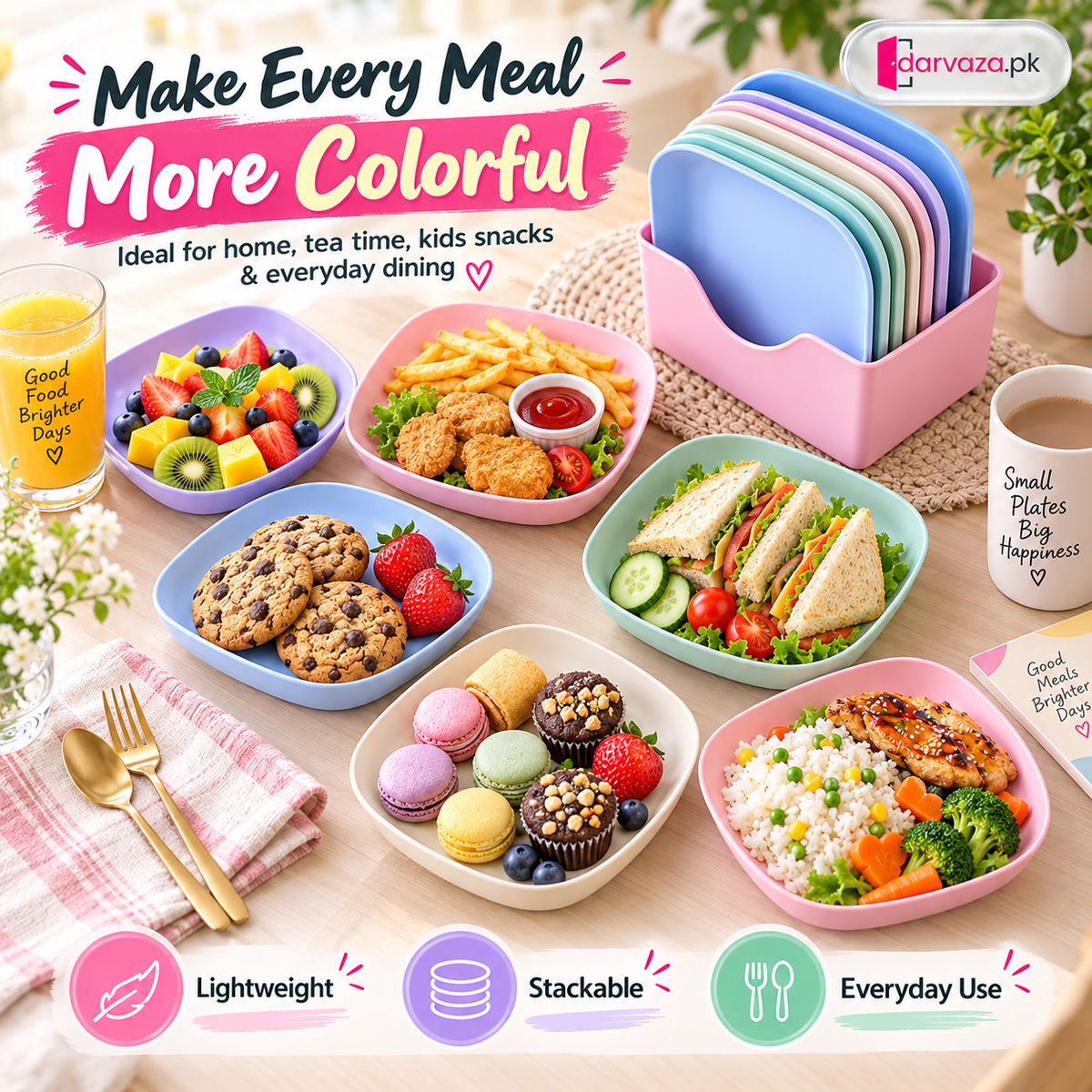 10pcs Plastic Reusable Food Plates Set with Free Stand Ideal for Snacks and Breakfast
