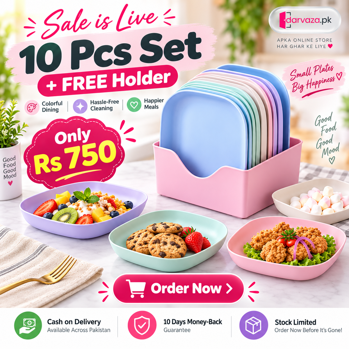 10pcs Plastic Reusable Food Plates Set with Free Stand Ideal for Snacks and Breakfast