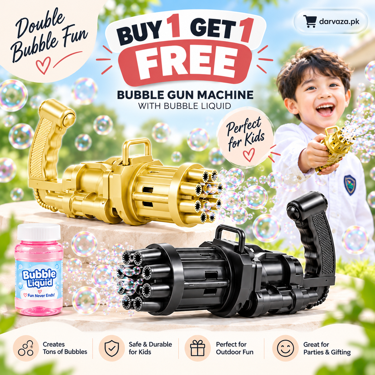 Buy 1 Get 1 FREE Kids Bubble Gun with Bubble Liquid