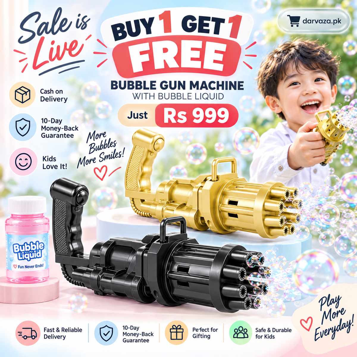 Buy 1 Get 1 FREE Kids Bubble Gun with Bubble Liquid