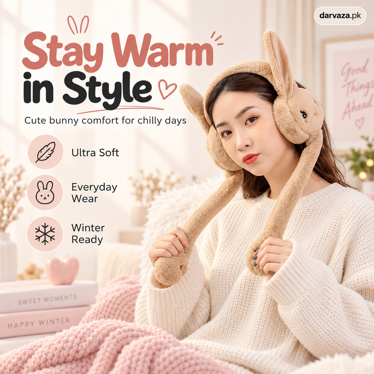 Cute Bunny Plush Ear Muffs Warm & Fluffy Rabbit Ear Covers