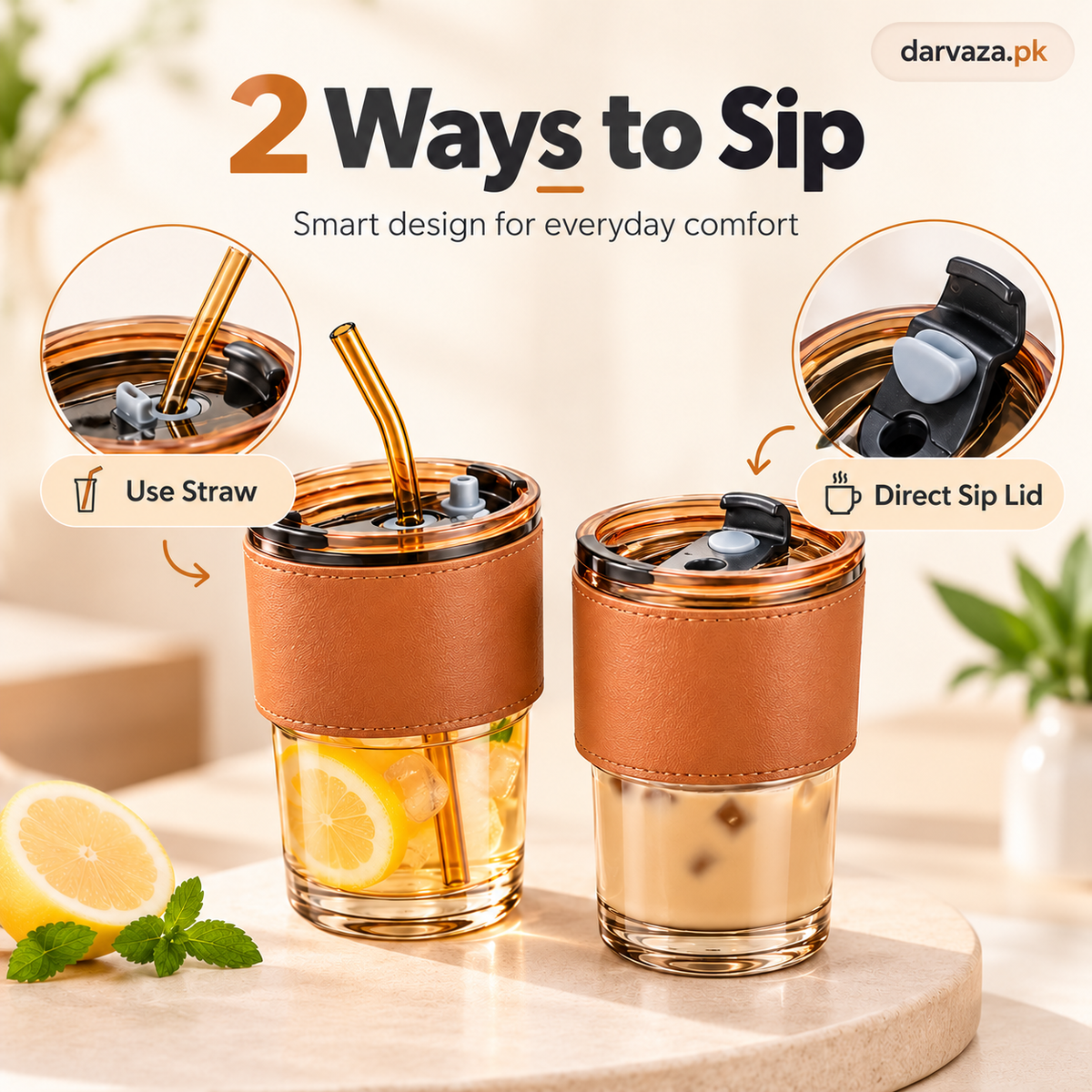 Pack of 2 Glass Tumblers with Straw Lid and Leather Sleeve