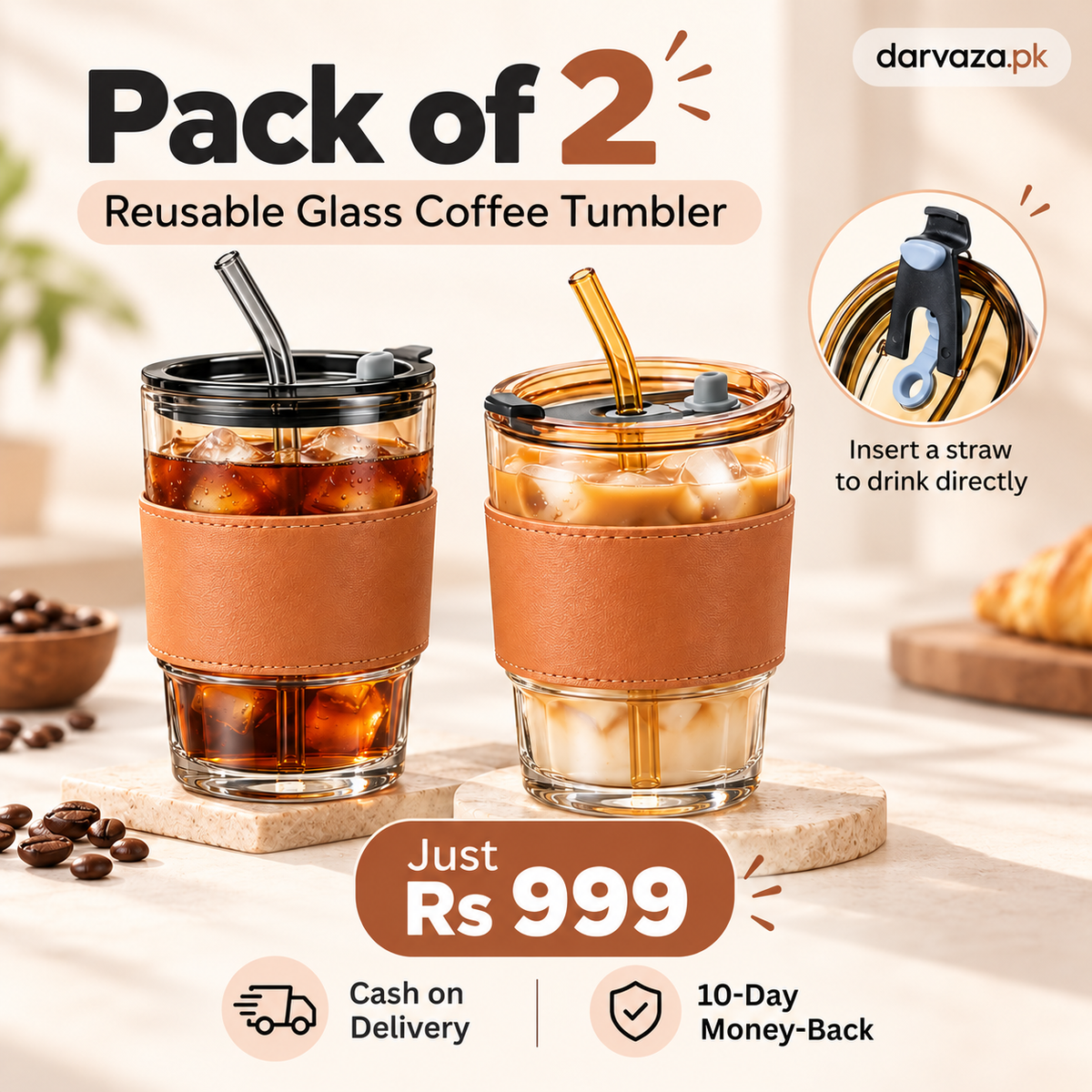 Pack of 2 Glass Tumblers with Straw Lid and Leather Sleeve
