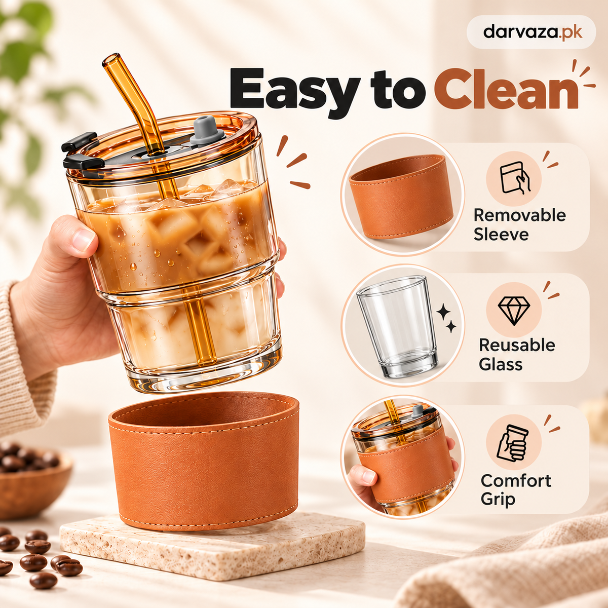 Pack of 2 Glass Tumblers with Straw Lid and Leather Sleeve