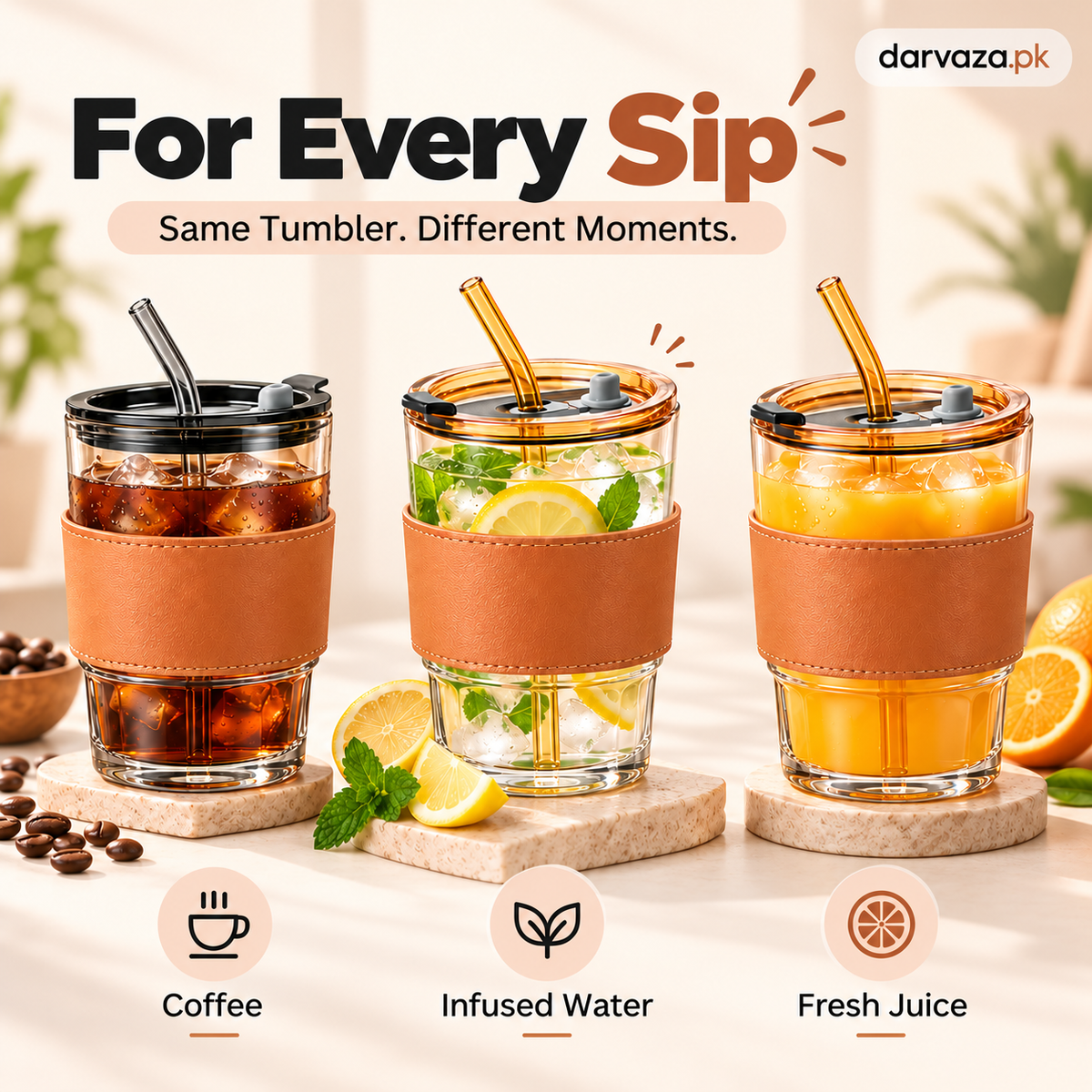 Pack of 2 Glass Tumblers with Straw Lid and Leather Sleeve