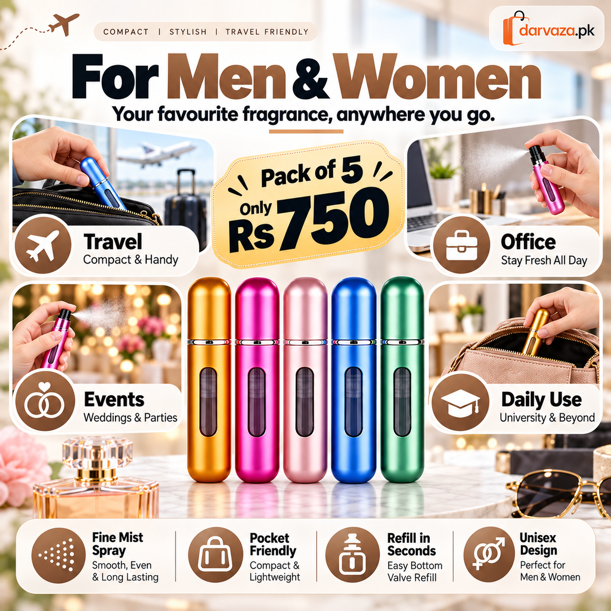 Mini Refillable Perfume Atomizer Pack of 5