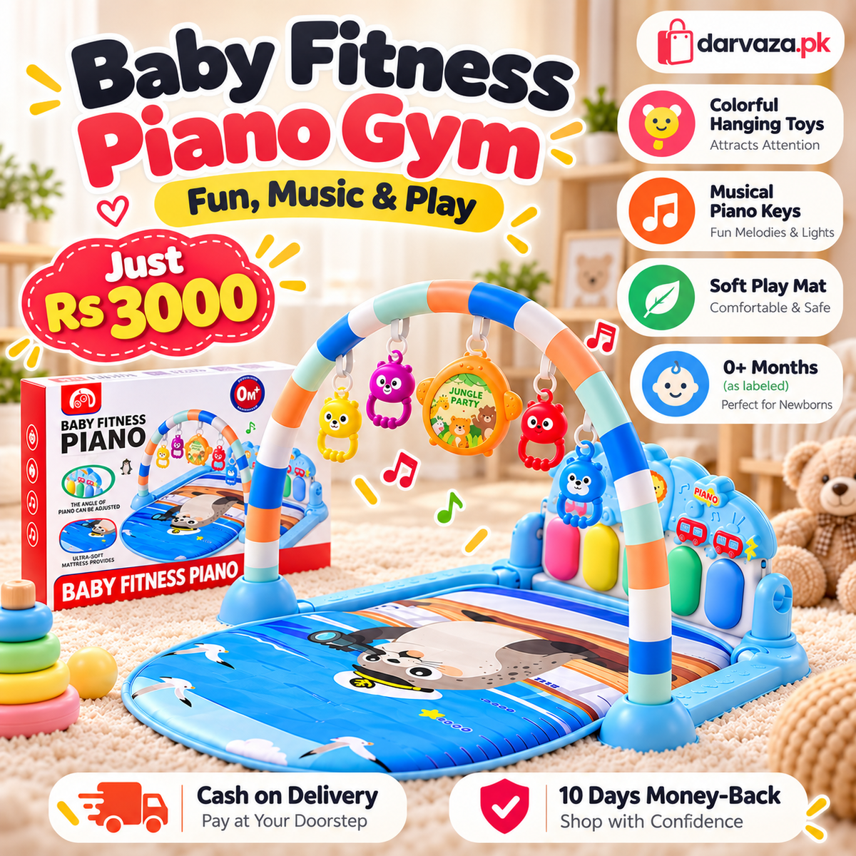 Baby Fitness Piano Gym Musical Play Mat with Hanging Toys