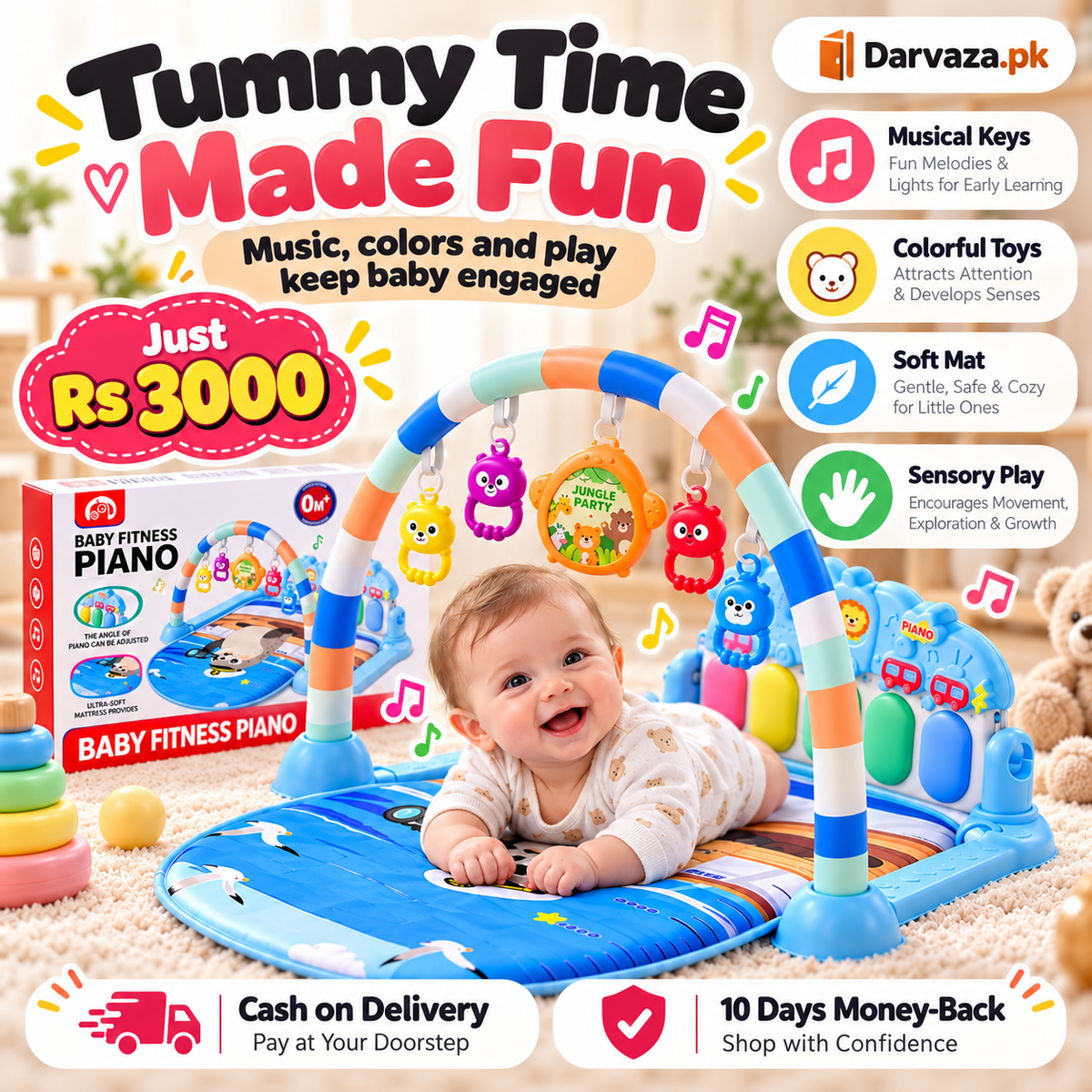 Baby Fitness Piano Gym Musical Play Mat with Hanging Toys