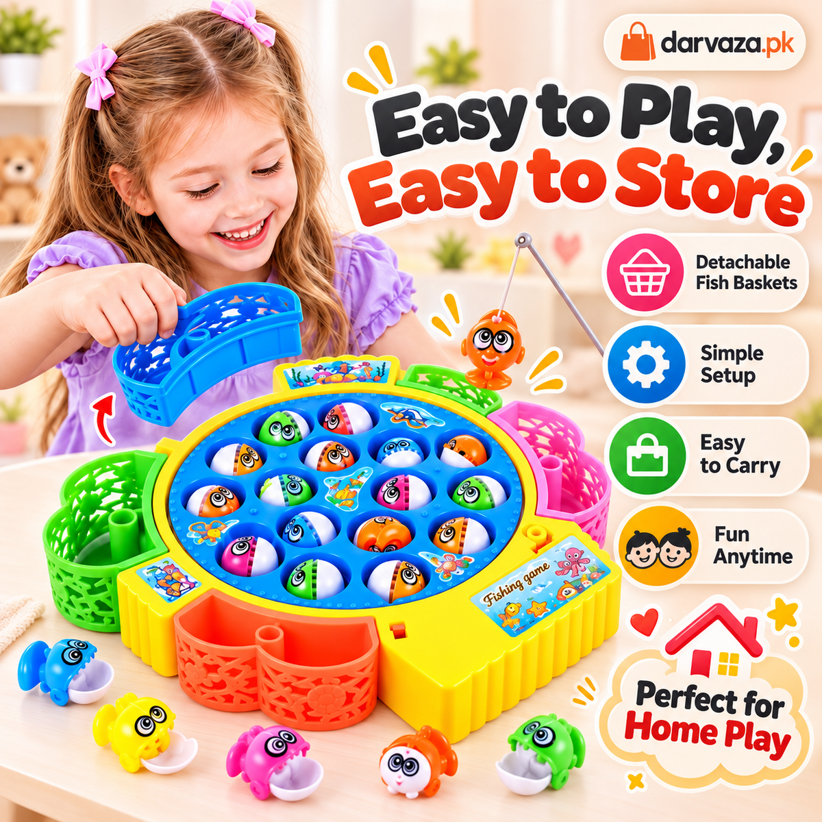Electric Musical Fishing Toy Game 15 Fish Rotating Set for Kids