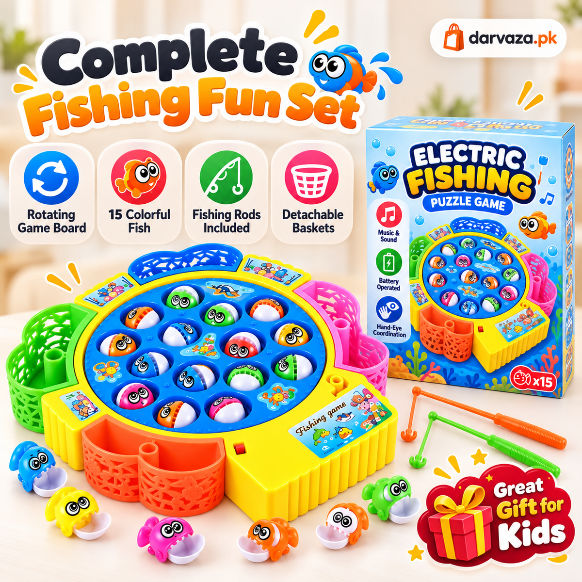 Electric Musical Fishing Toy Game 15 Fish Rotating Set for Kids